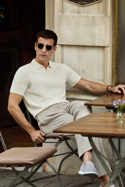 Ecru Buttonless Polo Collar Regular Fit Patterned Knitted T-Shirt