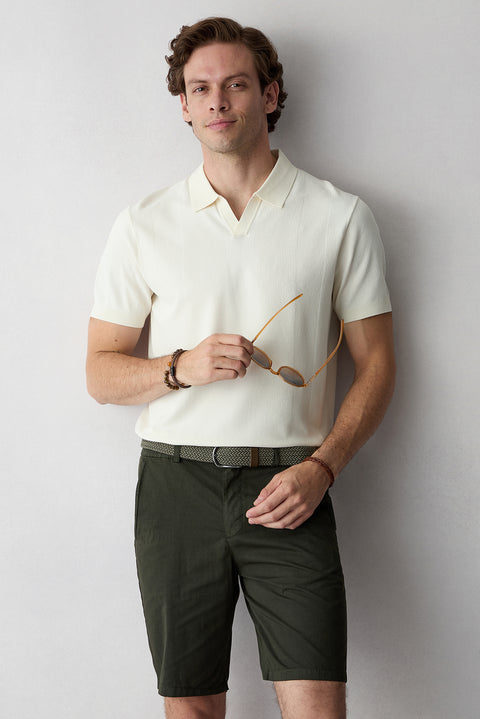 Ecru Buttonless Polo Collar Regular Fit Patterned Knitted T-Shirt