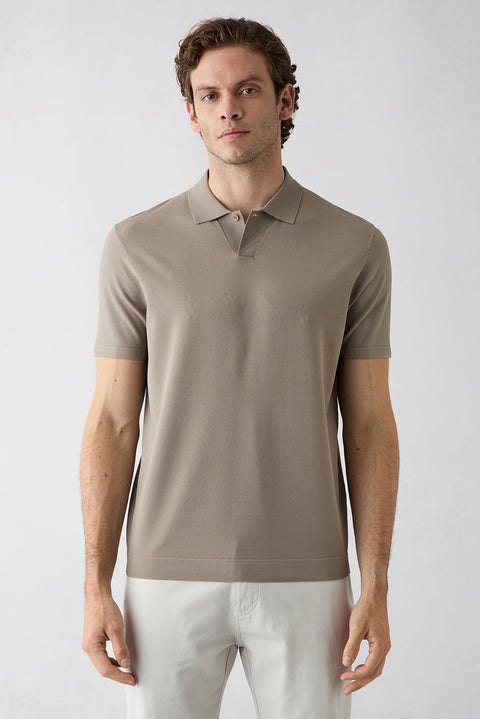 Medium Mink Regular Fit Button-Up Polo Collar Knit T-Shirt