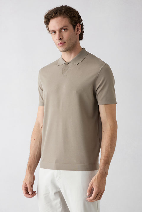 Medium Mink Regular Fit Button-Up Polo Collar Knit T-Shirt