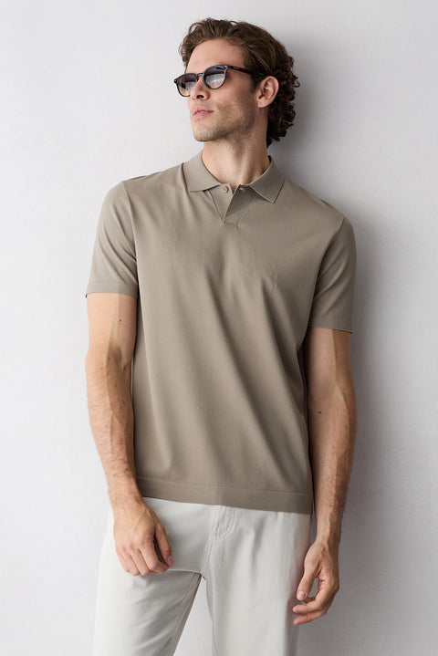 Medium Mink Regular Fit Button-Up Polo Collar Knit T-Shirt