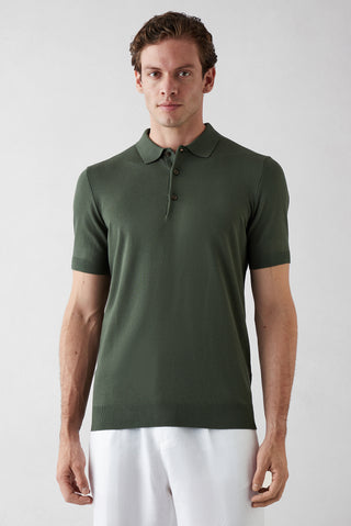 Orta Haki Regular Fit Düğmeli Polo Yaka Örme Tişört