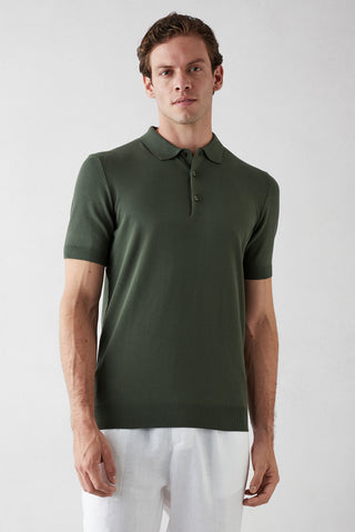 Orta Haki Regular Fit Düğmeli Polo Yaka Örme Tişört