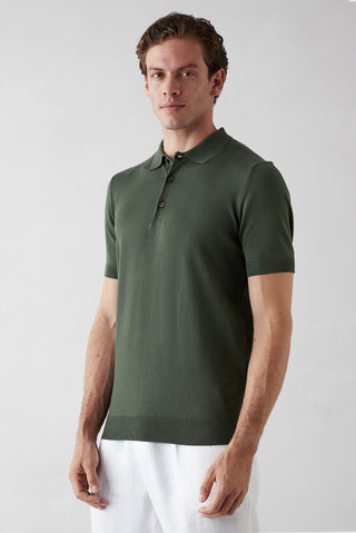Orta Haki Regular Fit Düğmeli Polo Yaka Örme Tişört