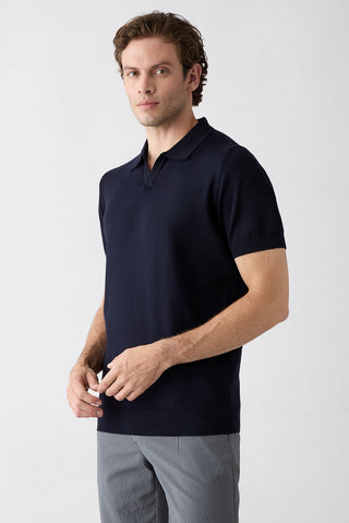 Koyu Lacivert Düğmesiz Polo Yaka Regular Fit Örme Tişört