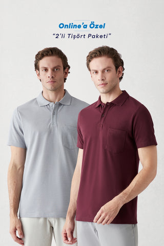 Gri - Bordo Düğmeli Polo Yaka Cepli Regular Fit Pamuklu Düz 2'li Paket Tişört Seti