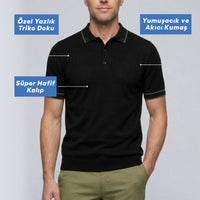 Black Regular Fit Striped Detail Polo Neck Knit T-Shirt