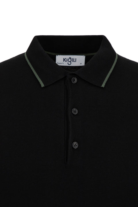 Black Regular Fit Striped Detail Polo Neck Knit T-Shirt
