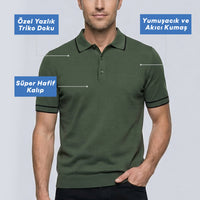 Medium Khaki Regular Fit Striped Detail Polo Neck Knitted T-Shirt