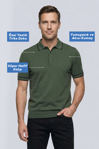 Orta Haki Regular Fit Şerit Detaylı Polo Yaka Örme Tişört
