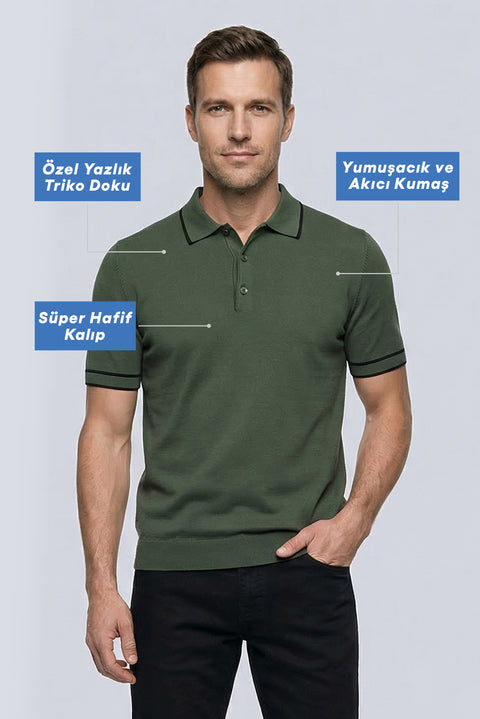Medium Khaki Regular Fit Striped Detail Polo Neck Knitted T-Shirt
