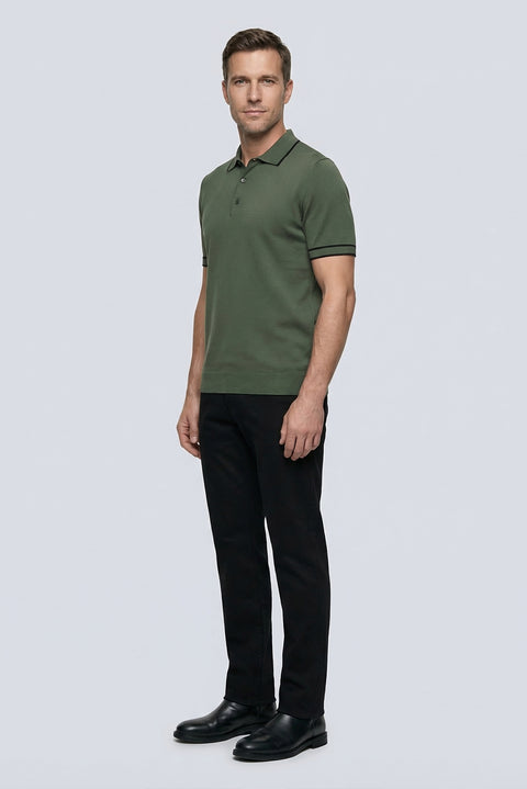 Medium Khaki Regular Fit Striped Detail Polo Neck Knitted T-Shirt