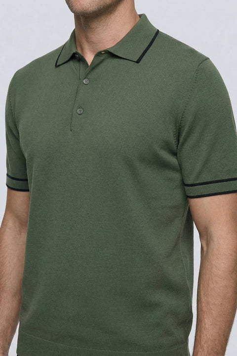 Medium Khaki Regular Fit Striped Detail Polo Neck Knitted T-Shirt