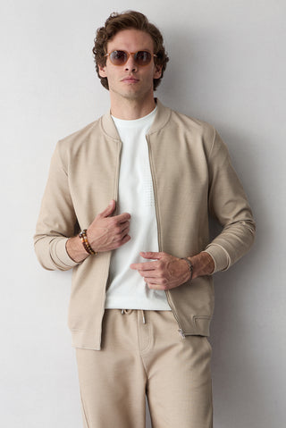 Açık Bej Fermuarlı Esnek Bomber Sweat Hırka