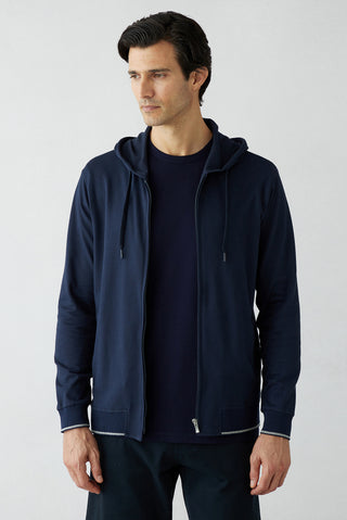 Koyu Lacivert Regular Fit Kapüşonlu Fermuarlı Cepli Sweatshirt Hırka