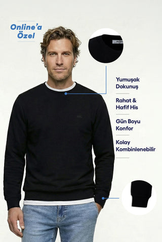 Siyah Bisiklet Yaka Regular Fit Pamuklu Basic Sweatshirt