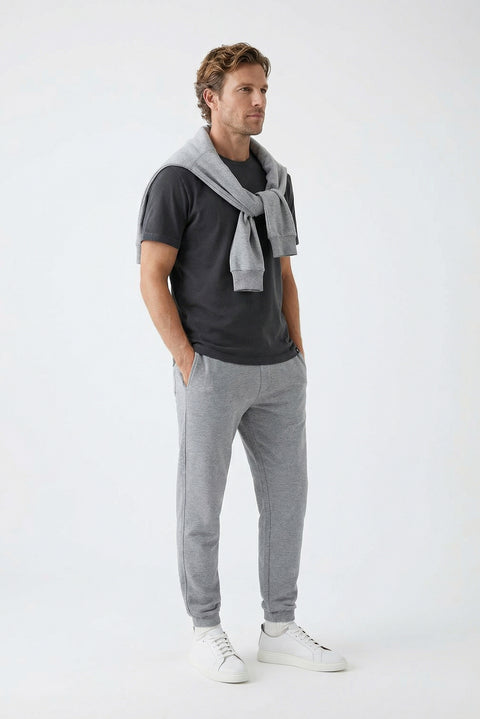 Dark Grey Melange Elasticated Waist Drawstring Pocketed Cotton Sweatpants
