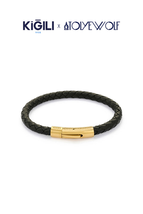 Black Stainless Steel Gold Plated Leather Bracelet X AtolyeWolf