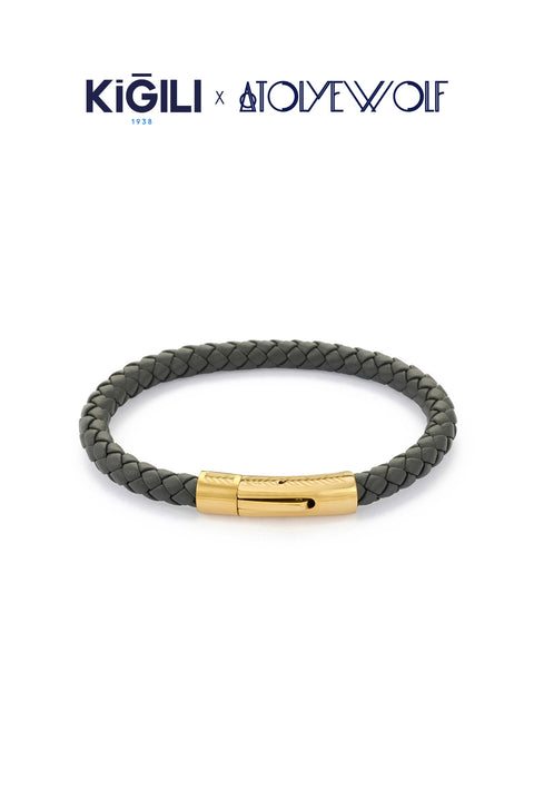 Medium Gray Stainless Steel Gold Plated Leather Bracelet X AtolyeWolf