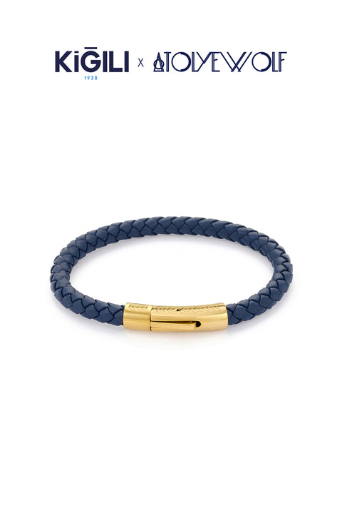 Dark Navy Stainless Steel Gold Plated Leather Bracelet X AtolyeWolf
