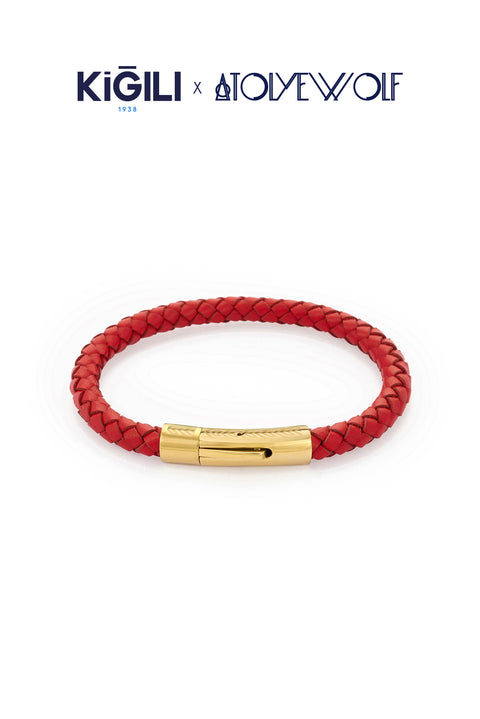 Dark Burgundy Stainless Steel Gold Plated Leather Bracelet X AtolyeWolf