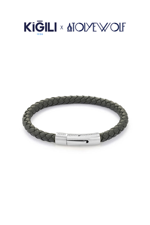 Medium Gray Stainless Steel Silver Plated Leather Bracelet X AtolyeWolf