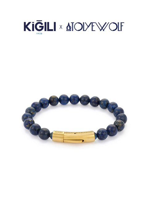 Dark Navy Stainless Steel Gold Plated Natural Lapis Stone Bracelet X AtolyeWolf