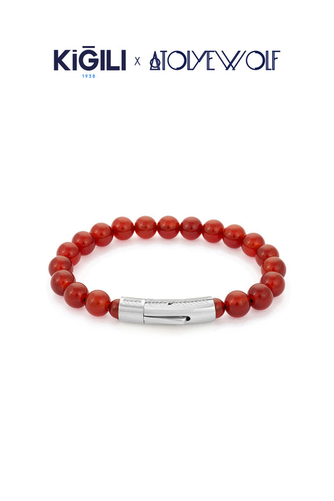 Dark Burgundy Stainless Steel Silver Plated Natural Agate Stone Bracelet X AtolyeWolf