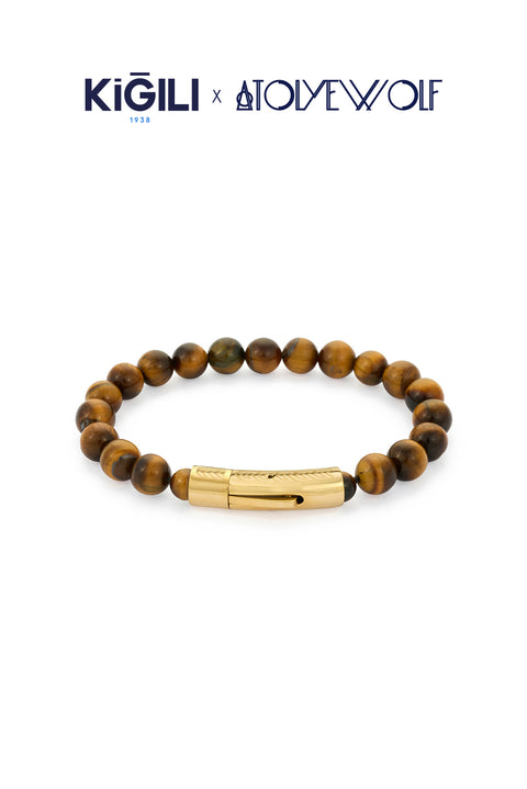Dark Brown Stainless Steel Gold Plated Natural Tiger Eye Stone Bracelet X AtolyeWolf