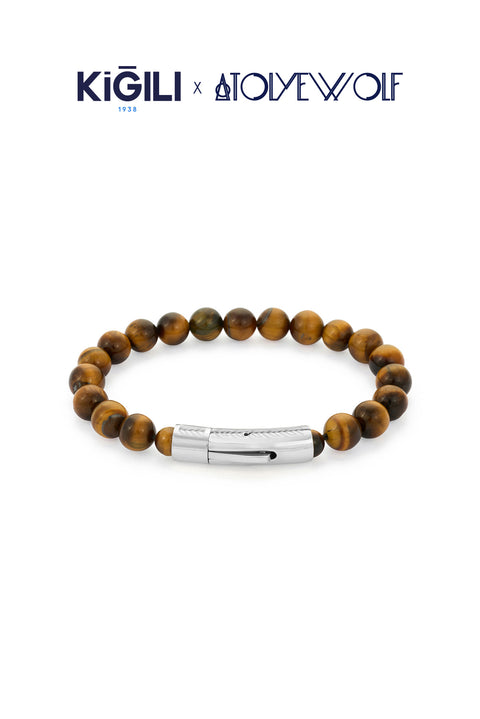Dark Brown Stainless Steel Silver Plated Natural Tiger Eye Stone Bracelet X AtolyeWolf