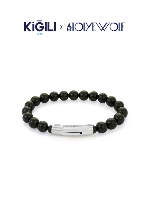 Black Stainless Steel Silver Plated Natural Onyx Stone Bracelet X AtolyeWolf
