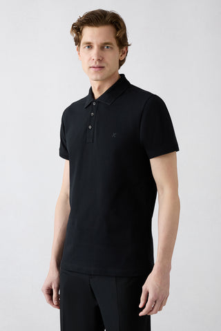 Siyah Kıvrılmaz Polo Yaka Slim Fit Dar Kesim Ribana Detaylı Pamuk Tişört
