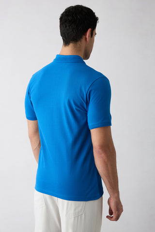 Saks Mavi Kıvrılmaz Polo Yaka Slim Fit Dar Kesim Ribana Detaylı Pamuk Tişört