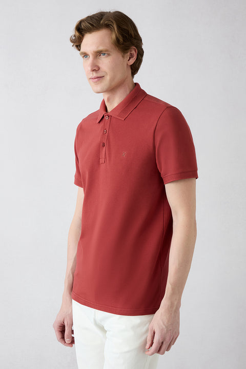 Orange Wrinkle-Free Polo Neck Slim Fit Ribbed Cotton T-Shirt