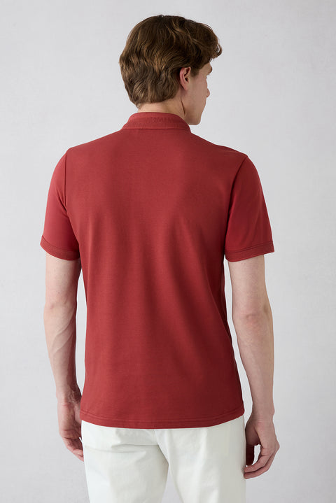Orange Wrinkle-Free Polo Neck Slim Fit Ribbed Cotton T-Shirt