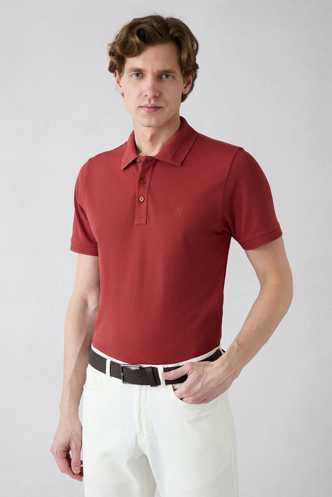 Orange Wrinkle-Free Polo Neck Slim Fit Ribbed Cotton T-Shirt