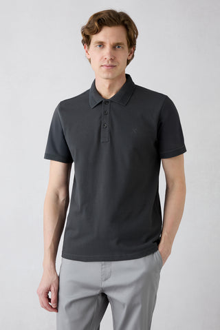 Koyu Antrasit Kıvrılmaz Polo Yaka Slim Fit Dar Kesim Ribana Detaylı Pamuk Tişört
