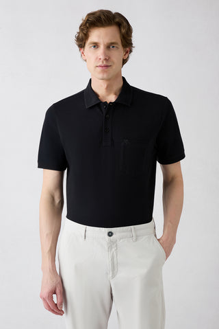 Siyah Kıvrılmaz Polo Yaka Regular Fit Cepli Ribana Detaylı Pamuk Tişört