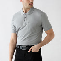 Medium Grey Non-Curling Polo Collar Regular Fit Pocketed Ribbed Cotton T-Shirt