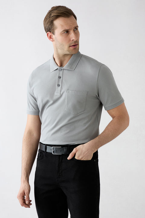 Medium Grey Non-Curling Polo Collar Regular Fit Pocketed Ribbed Cotton T-Shirt