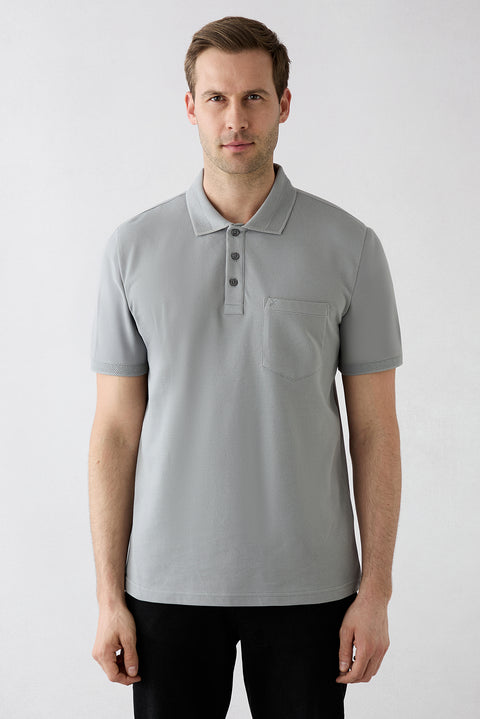 Medium Grey Non-Curling Polo Collar Regular Fit Pocketed Ribbed Cotton T-Shirt
