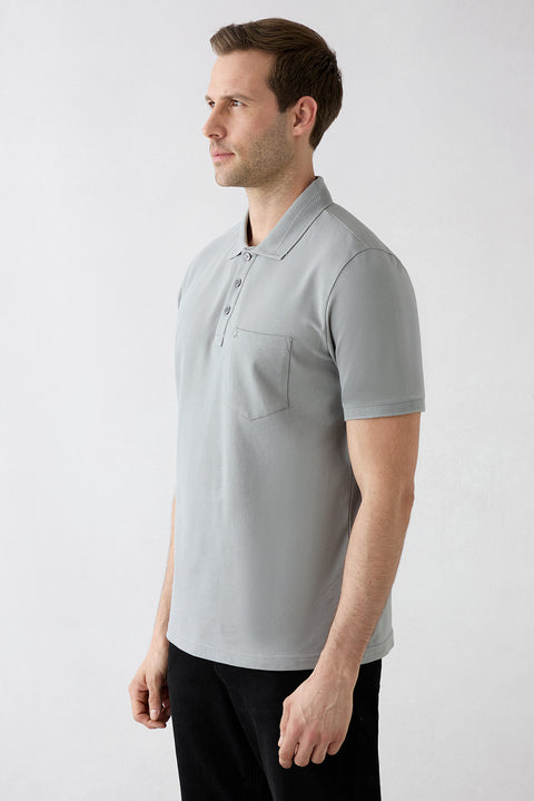 Medium Grey Non-Curling Polo Collar Regular Fit Pocketed Ribbed Cotton T-Shirt