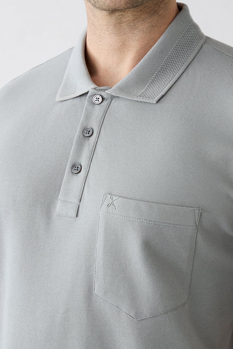 Medium Grey Non-Curling Polo Collar Regular Fit Pocketed Ribbed Cotton T-Shirt