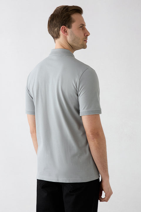 Medium Grey Non-Curling Polo Collar Regular Fit Pocketed Ribbed Cotton T-Shirt