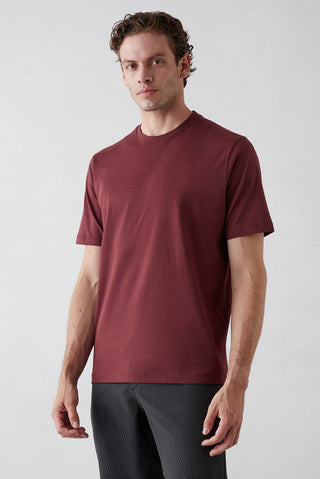 Koyu Bordo Bisiklet Yaka Regular Fit %100 Pamuk Basic Tişört
