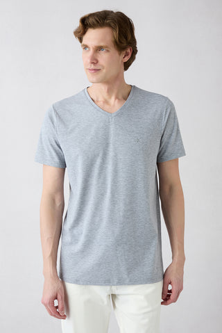 Açık Gri Melanj Slim Fit Pamuklu Düz V Yaka Tişört