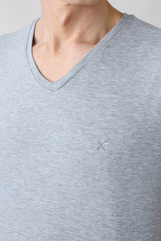 Açık Gri Melanj Slim Fit Pamuklu Düz V Yaka Tişört