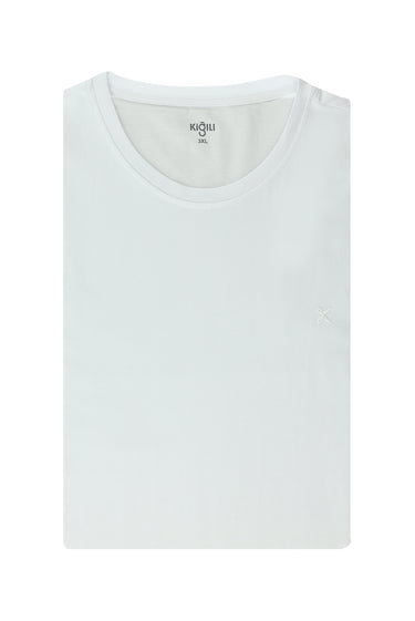 Beyaz Büyük Beden Bisiklet Yaka Süprem Pamuklu Tişört