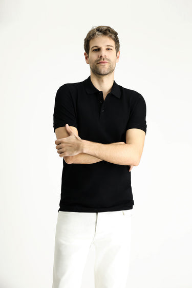 Siyah Slim Fit Dar Kesim Nakışlı Pamuk Polo Yaka Tişört