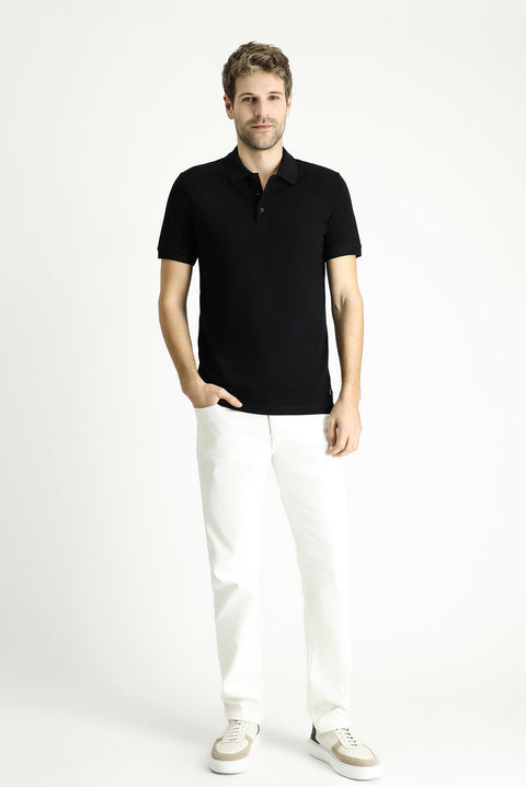 Siyah Slim Fit Dar Kesim Nakışlı Pamuk Polo Yaka Tişört
